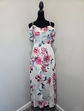 Venus Maxi Dress XS Flower Lace Cold Shoulder Flowy Beachy Feminine Y2k